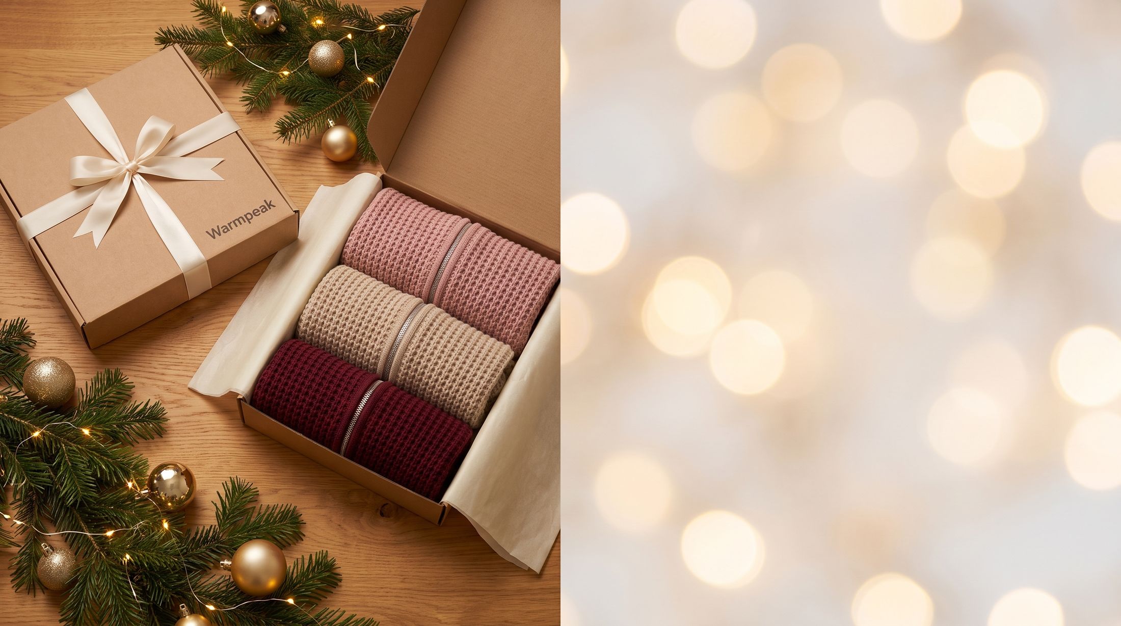Warmpeak gift boxes tied with a cream bow