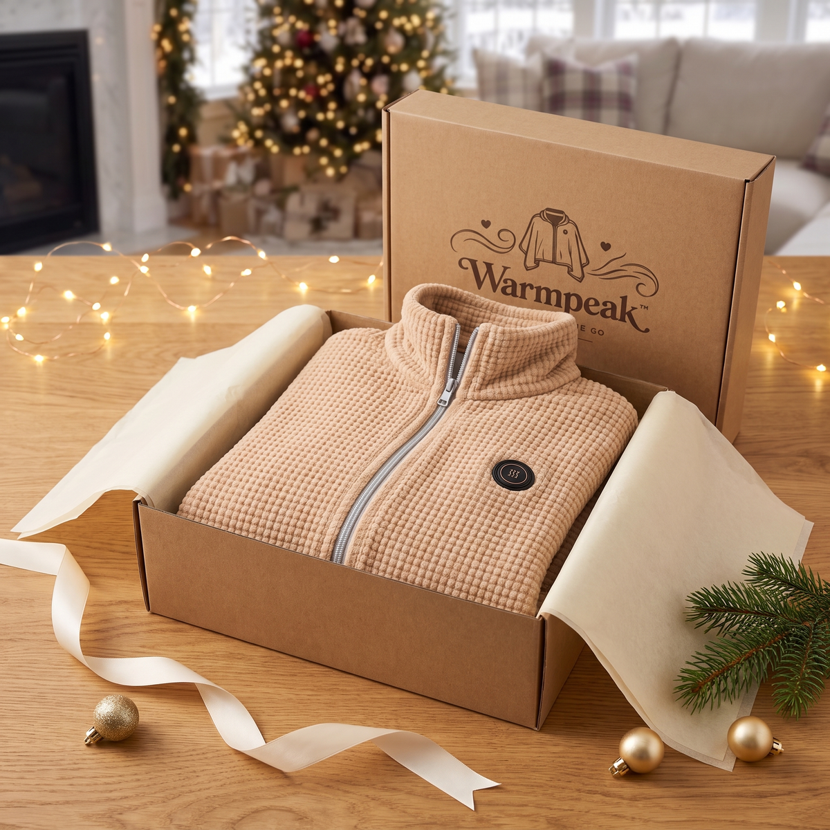 Warmpeak heated shawl in its kraft gift box