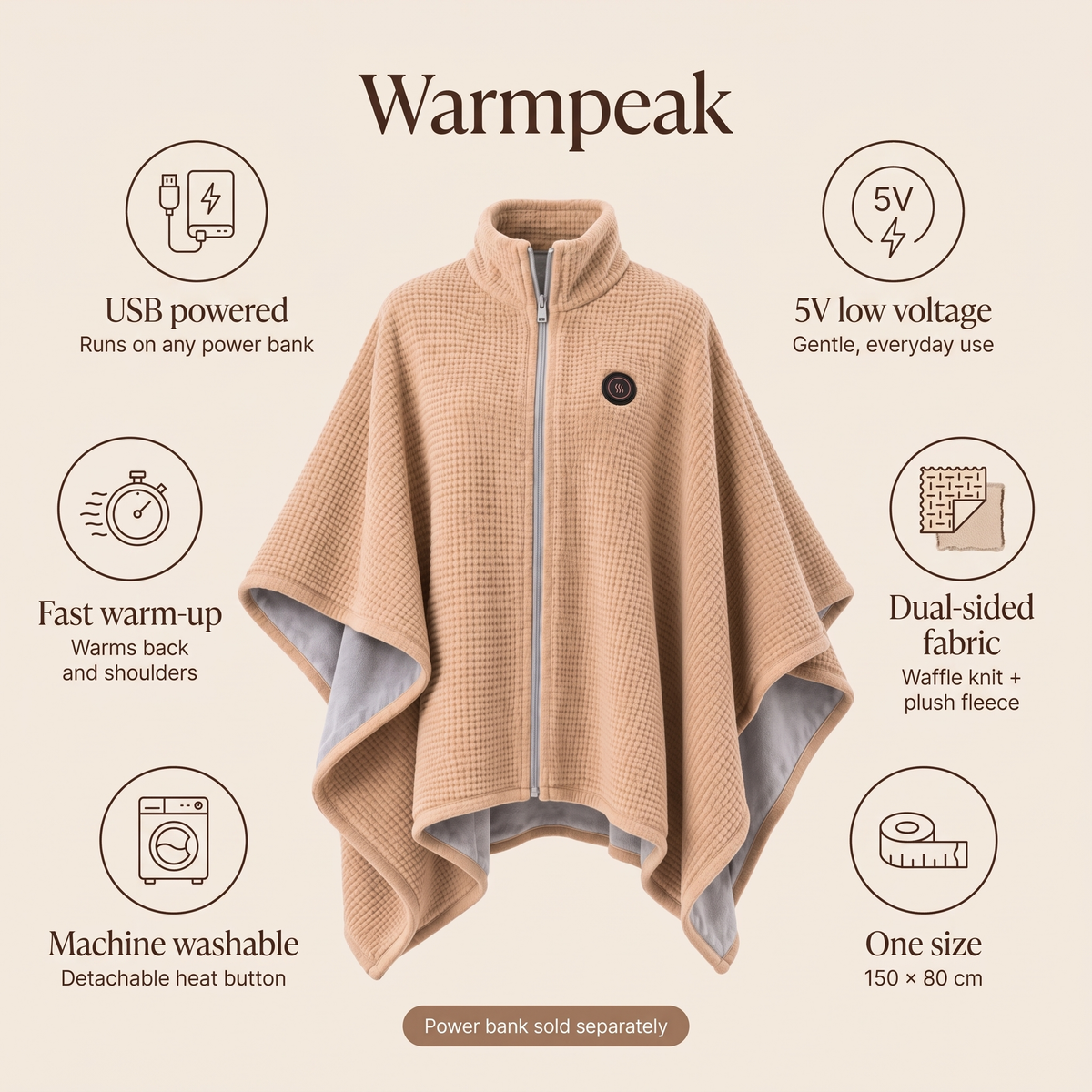 Warmpeak features: USB powered, 5V, fast warm-up, dual-sided fabric, machine washable, one size