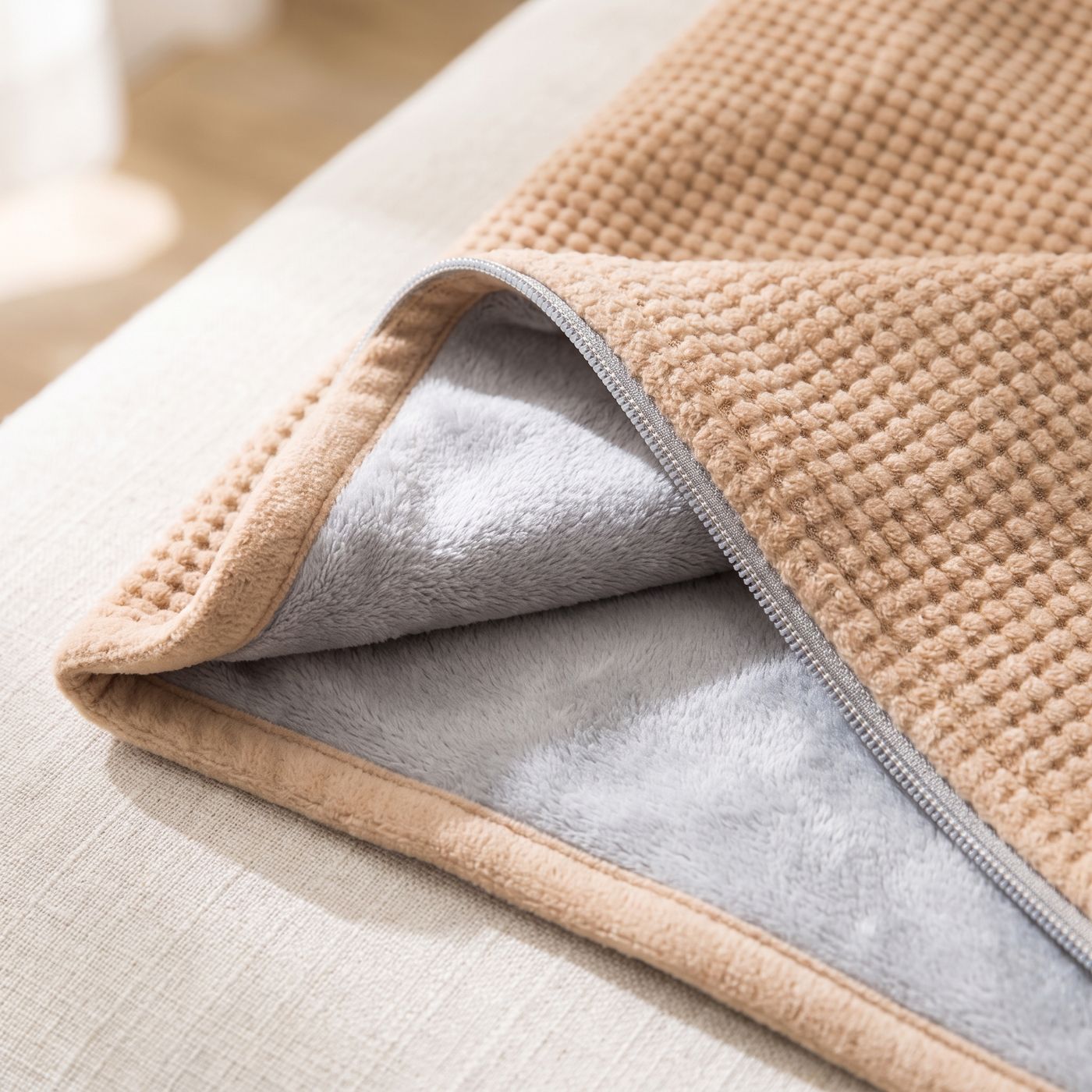 Waffle knit outside. Plush fleece inside.